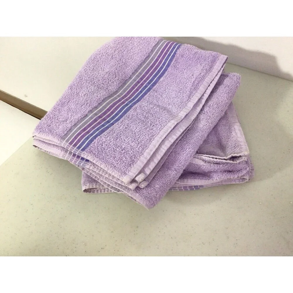 Vintage Purple Bath Towels Stripe Trim Set of 2